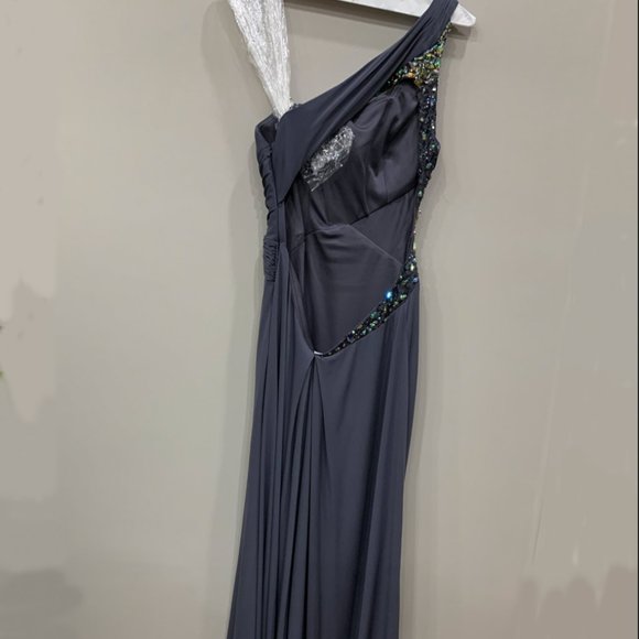 La Femme One Shoulder Asymmetrical Floor Length Dress with Open Back and Gems - Picture 2 of 10